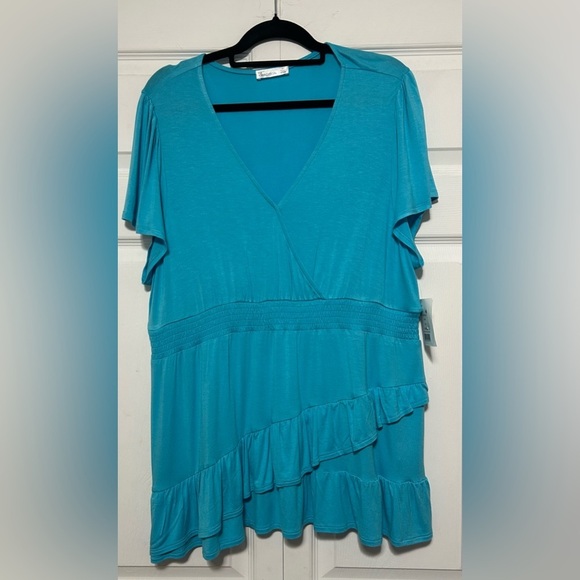 89TH + MADISON Smocked Waist Surplice Tunic 1X Caribbean Blue - Picture 3 of 4